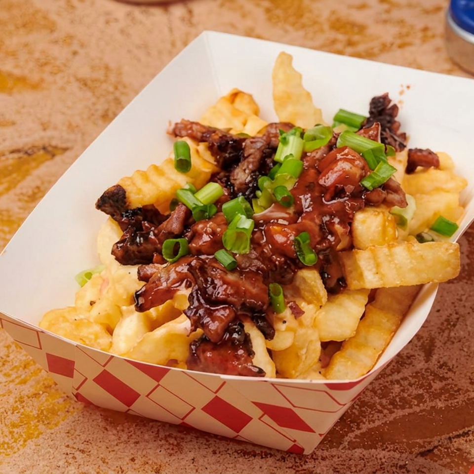Crinkle-cut fries topped with glazed chopped meat and green onions in a patterned paper tray on a rustic table.