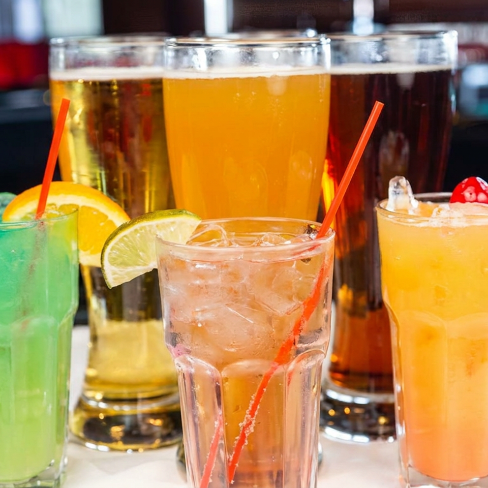 Six colorful drinks, including three beers and three fruit cocktails with citrus garnishes, sit on a restaurant table.