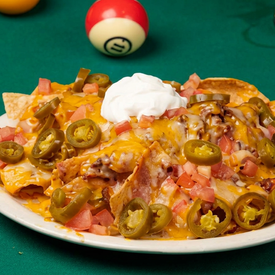 Loaded nachos topped with melted cheese, jalapeños, diced tomatoes, bacon, and sour cream on a white plate beside billiard balls.